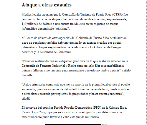 Investigan fraude cibernético por 2,6 millones de dólares a estatal de Puerto Rico