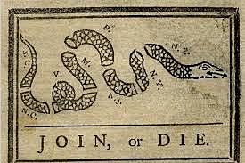 Benjamin Franklin creates the "Join or Die" cartoon