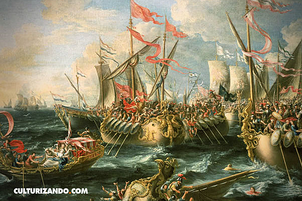 Batalla de Accio entre las flotas de Cayo Julio César Octaviano, dirigida por Agripa, y la de Marco Antonio y su aliada Cleopatra.