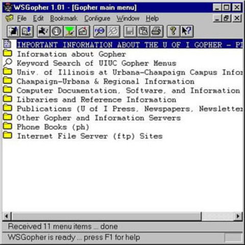 GOPHER:Gopher es un servicio de Internet consistente en el acceso a la información a través de menús. La información se organiza de forma arborescente: sólo los nodos contienen menús de acceso a otros menús o a hojas, mientras que las hojas contienen simp