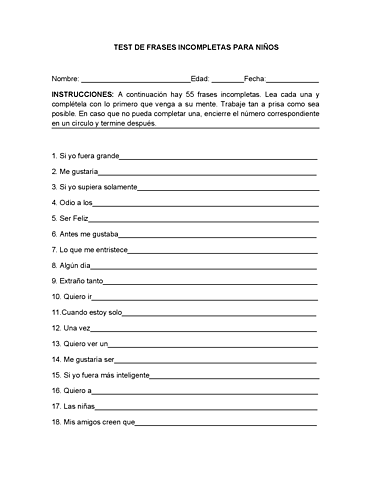 Test de completar frases para niños