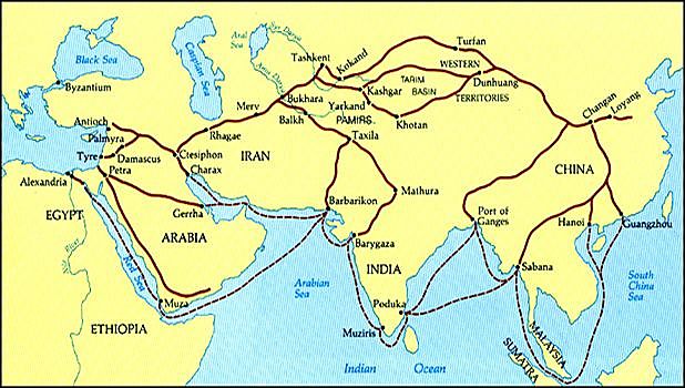 Ruta de la Seda. Comerciantes chinos transportaban sedas, pieles, té y especias a cambio de oro y plata.
