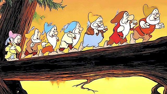 Snow white meets some dwarves ends up living with them in their cottage in the woods.