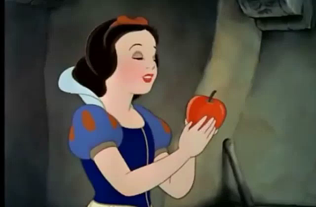 Climax: The evil queen meets snow white in the woods and Snow White eats the apple.