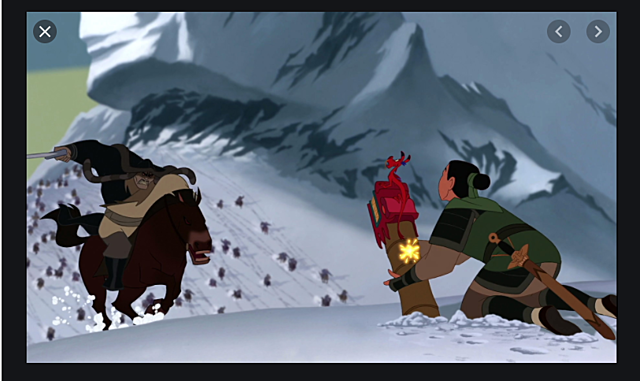 Mulan shoots down a mountain to get away from the Hans