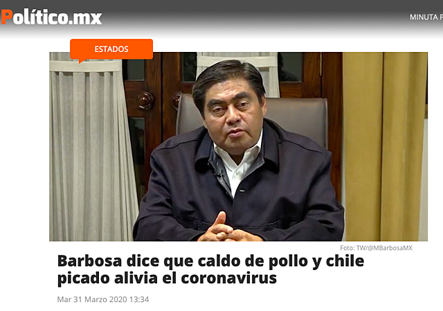 "Les propondría que quien tuvo coronavirus, con todas las restricciones continúe con los cuidados, su&nbsp;caldo de pollo con su cebollita y su chile bien picoso y ajo": Miguel Barbosa
