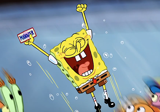 The next day, everyone gathers around Spongebob and accepts his new position as the manager at the Krusty Krab 2.