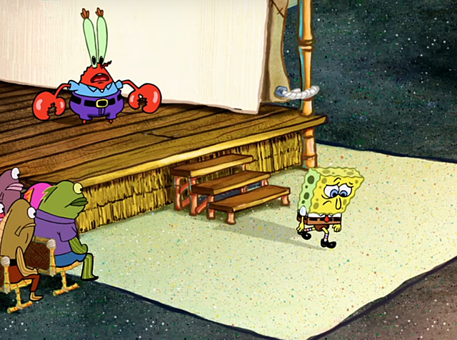 The Krusty Krab 2 Opening Ceromony begins and the new manger is revealed.