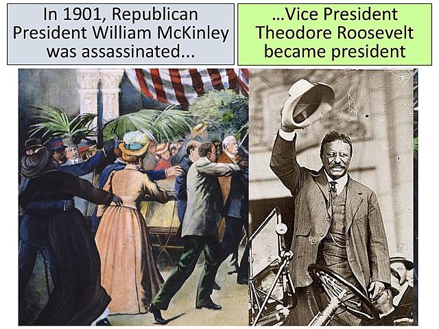 President McKinley is assassinated and progressive Theodore Roosevelt becomes president
