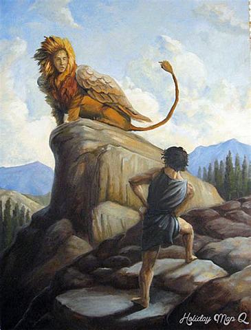 Oedipus reaches Thebes, which is plagued by the Sphinx.