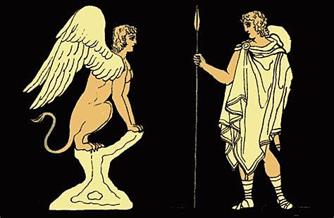 Oedipus solves the Sphinx's riddle.