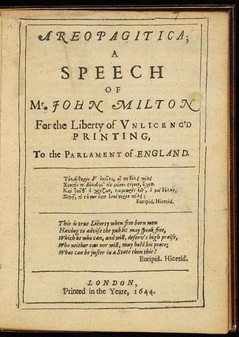 Milton publishes Areopagitica - on liberty of the press