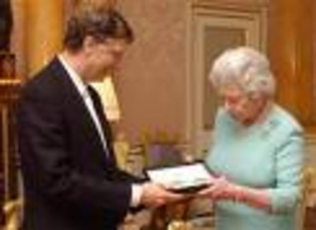 Queen Elizabeth II bestows an honorary knighthood on Bill Gates for his contribution to the united kingdom