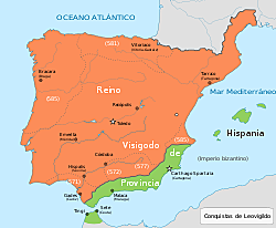 Leovigildo conquista el reino suevo y unifica políticamente la Península Ibérica.