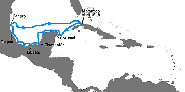 De Cuba, salen Pedro de Alvarado, Fco. Montejo, Alonso de Ávila y Alaminos