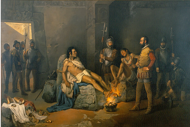 Leandro Izaguirre pinta "El suplicio de Cuauhtémoc"