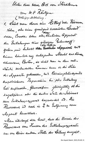 Manuscrito de Roentgen: "Una nueva clase de rayos, comunicación preliminar".