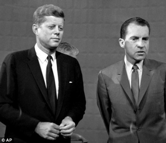 Presidential candidates John F. Kennedy and Richard Nixon in televised debates.