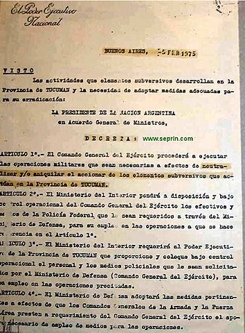 DECRETO 261/75 DE ANIQUILAMIENTO