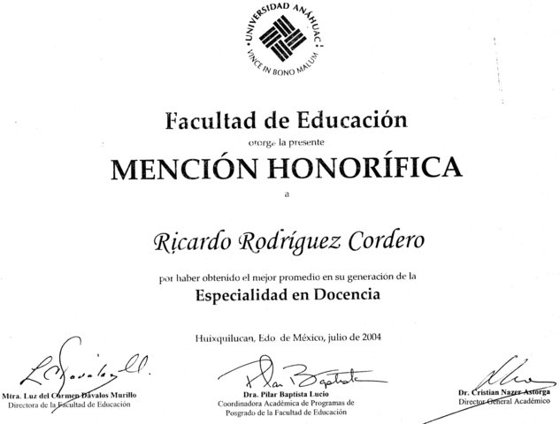 Mención honorífica Especialidad en Docencia