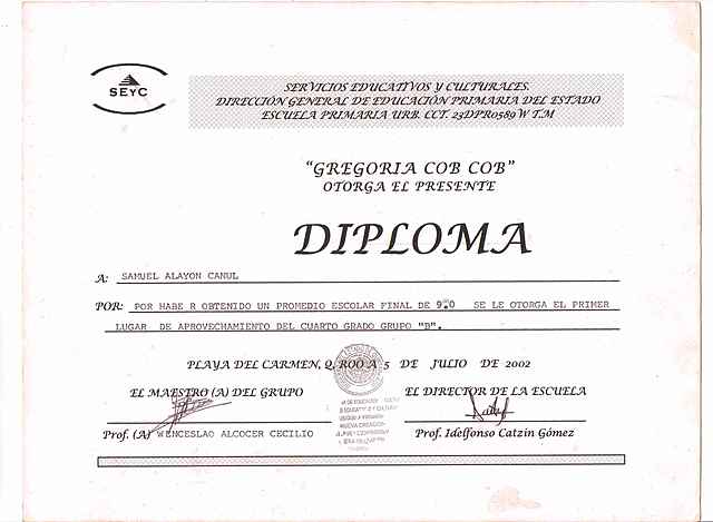 Diploma de Primer lugar en aprovechamiento académico.