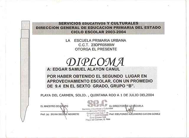 Diploma de Segundo Lugar en aprovechamiento académico