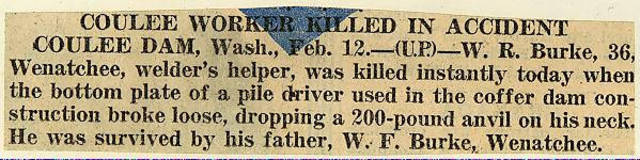 State history. Grand Coulee dam. Accidents. General. 1935-02-12