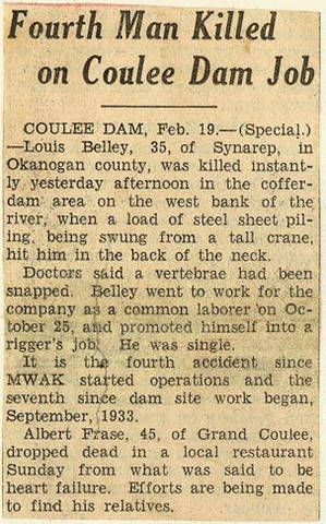 Grand Coulee dam. Accidents. General. 1935-02-19