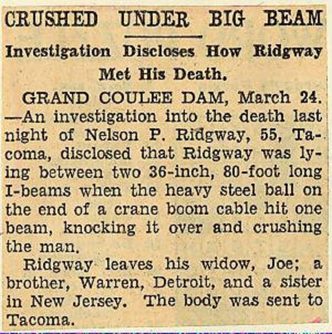 Grand Coulee dam. Accidents. General. 1935-03-25