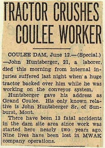 Grand Coulee dam. Accidents. General. 1935-06-12