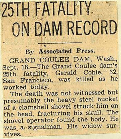 Grand Coulee dam. Accidents. General. 1936-02-25