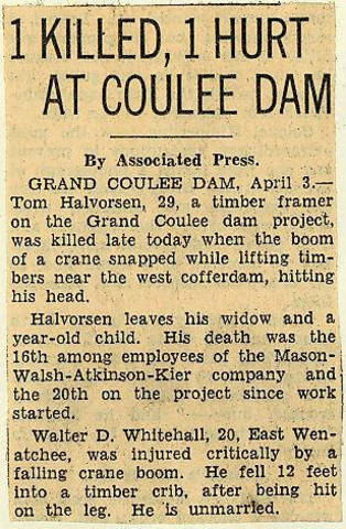 Grand Coulee dam. Accidents. General. 1936-04-04
