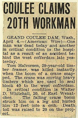 Grand Coulee dam. Accidents. General. 1936-04-06