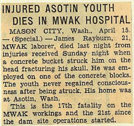 Grand Coulee dam. Accidents. General. 1936-04-16