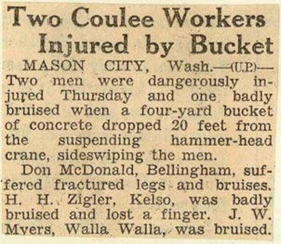 Grand Coulee dam. Accidents. General. 1936-05-29