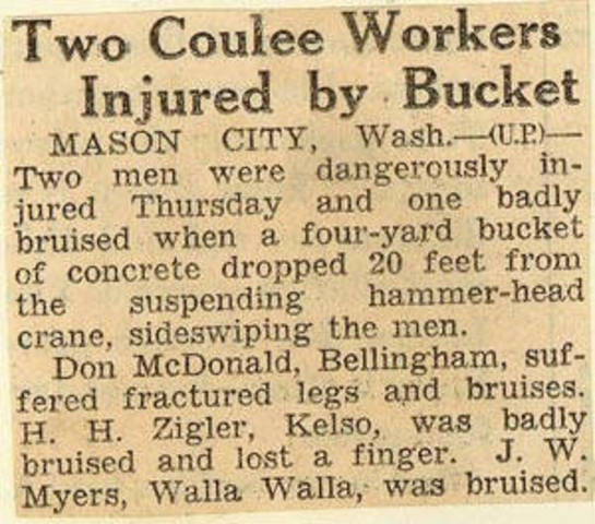 Grand Coulee dam. Accidents. General. 1936-06-13