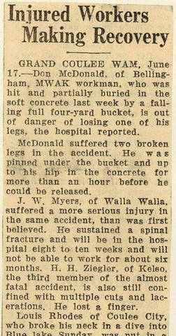 Grand Coulee dam. Accidents. General. 1936-06-17