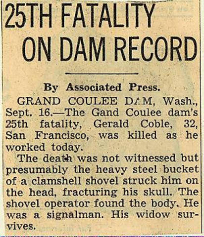 Grand Coulee dam. Accidents. General. 1936-09-17