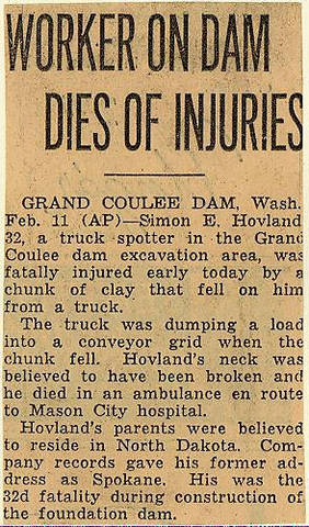 Grand Coulee dam. Accidents. General. 1937-02-12