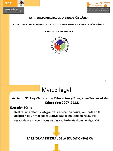 Reforma integral de Educación básica (2007-2012) con la que se pretende articular los 3 niveles de educación básica en un solo currículo.