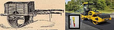 Uso de rodillos pesados en la construcción de caminos, y de  alquitrán y asfalto en la composición de las calzadas.