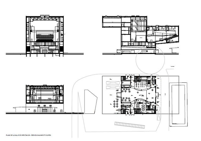 Plans de la Salle de Spectacle Equilibre. Rez-de-chaussée et coupes