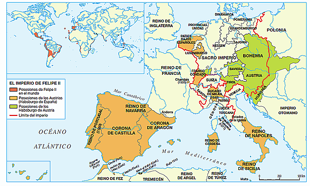 Felipe II coronado rey de España y sus posesiones Europeas y de Ultramar