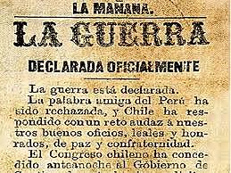 Chile le declara la guerra a Bolivia y a Perú. Se inicia oficialmente la guerra del Pacífico.