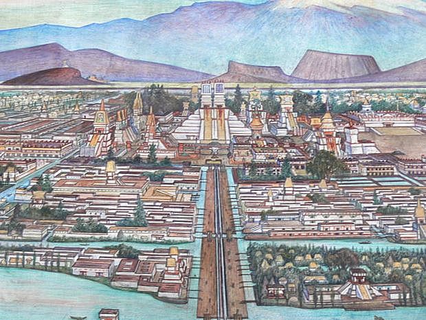 The city of Tenochtitlan was founded and the first Aztec temple was built