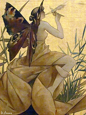 Composición con ninfa alada soplando entre cañas