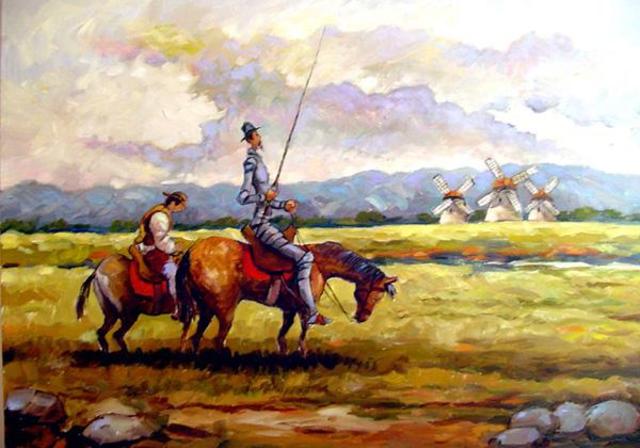 don quijote embiste y sale mal librado y atribuye tal situacion a un encantador