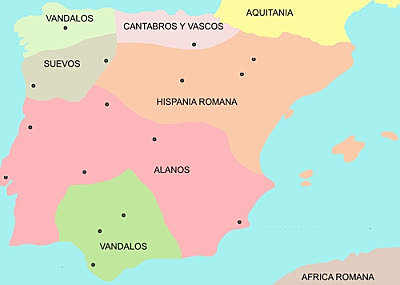 Expulsen els vàndals i alans cap al nord d'Àfrica i els sueus cap a l'actual Galícia