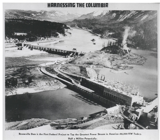 Bonneville Dam was the first of a series of dams built by the U.S. Army Corps of Engineers along the Columbia River in response to the Corps’ 1932 “308 Report”. Designed to replace a canal and locks that had been in place since 1896, the dam was intended