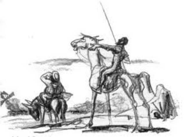 don quijote se encuentra con un grupo de mercaderes que ivan a comprar ceda a murcia y quiso obligarlos  a que confesacen que la emperatris de la mancha era la doncella mas hermosa, como no quisieron confesarlo quiso atacarlos pero se callo del caballo y